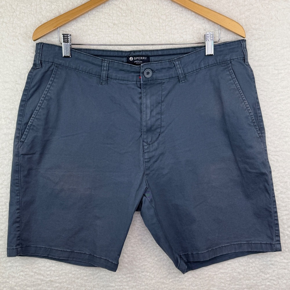 Sperry Premium Apparel Mens 34 Chino Shorts Slate Blue Grey Flat Front Cotton